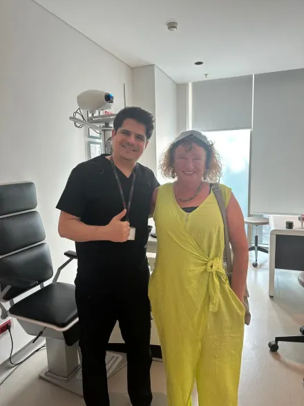 An international patient with her Eyeglow Health coordinator after an eye examination in Istanbul